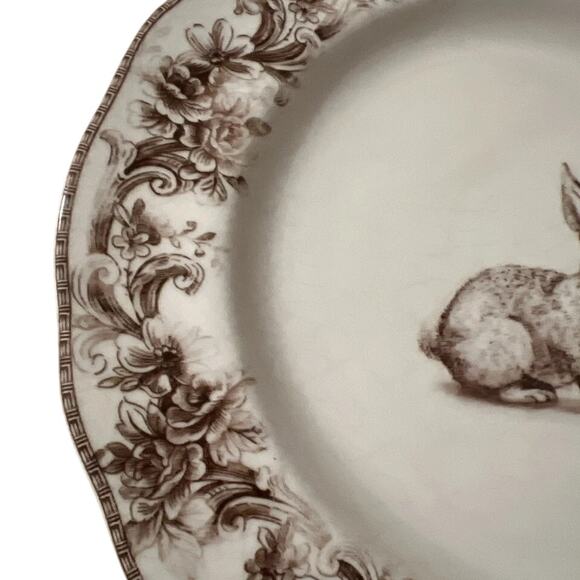 222 Fifth ARABELLA Brown & White Bunny Dinner Plates 12in Set of 4 New - Picture 5 of 10